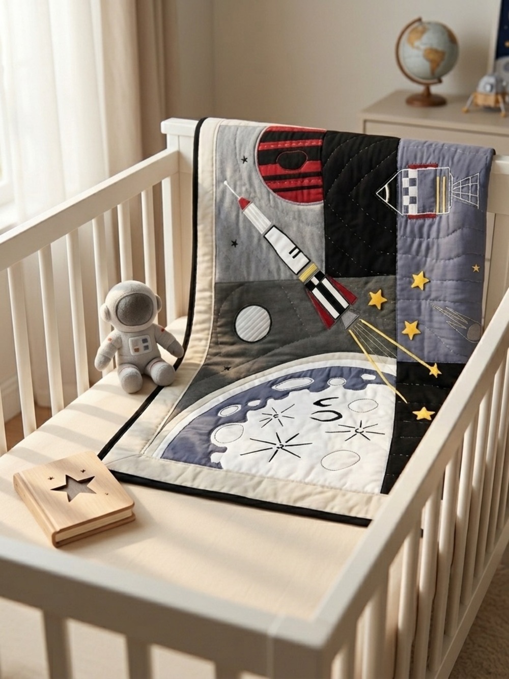Blast Off Buddy Embroidery Baby/Toddler Cotton Crib Quilt Hand Stitched